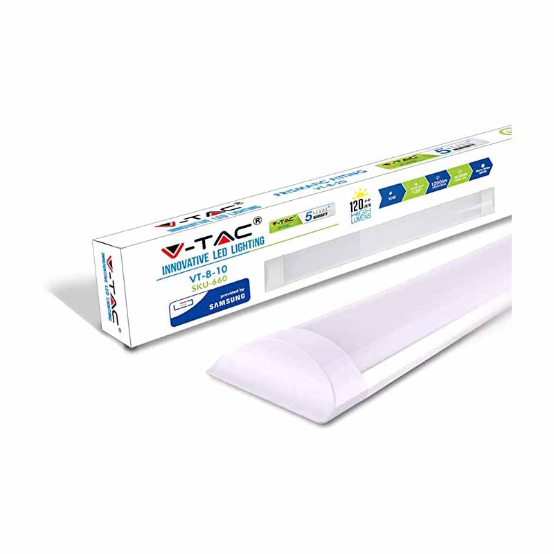 V-TAC 10W 1ft LED Batten Fittings Integrated Tube Lamp 4000K Day White 300x74x24mm Wall and Ceiling Lighting 30000h Long Lifespan